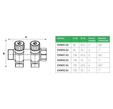 Коллектор модульный Elsen 3/4 2 выхода 3/4", с вентилями EMW01.02"