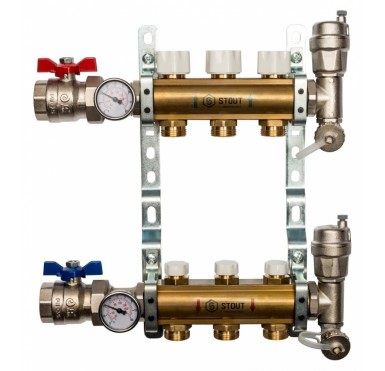 Коллектор распределительный STOUT из латуни без расходомеров 3 выхода SMB 0468 000003