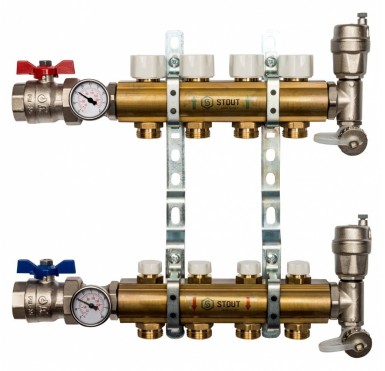 Коллектор распределительный STOUT из латуни без расходомеров 4 выхода SMB 0468 000004
